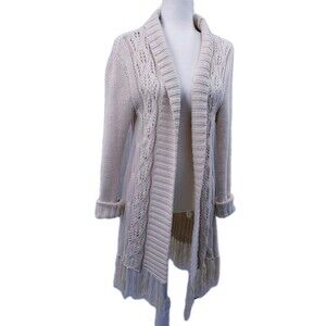 Vintage Y2k Cable Knit Cardigan Copper Key Women's L Ivory Fringed Shawl Collar